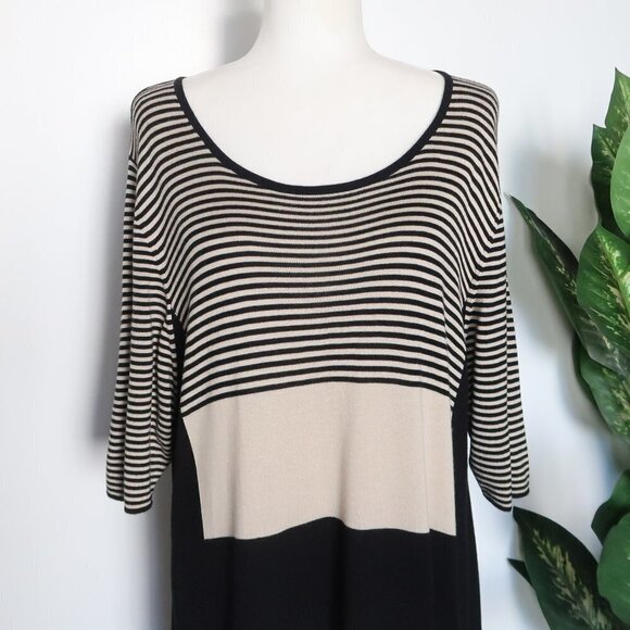 Marina Rinaldi Black Beige Viscose Wool Cashmere Striped Knit Shift Midi Dress - Picture 8 of 11